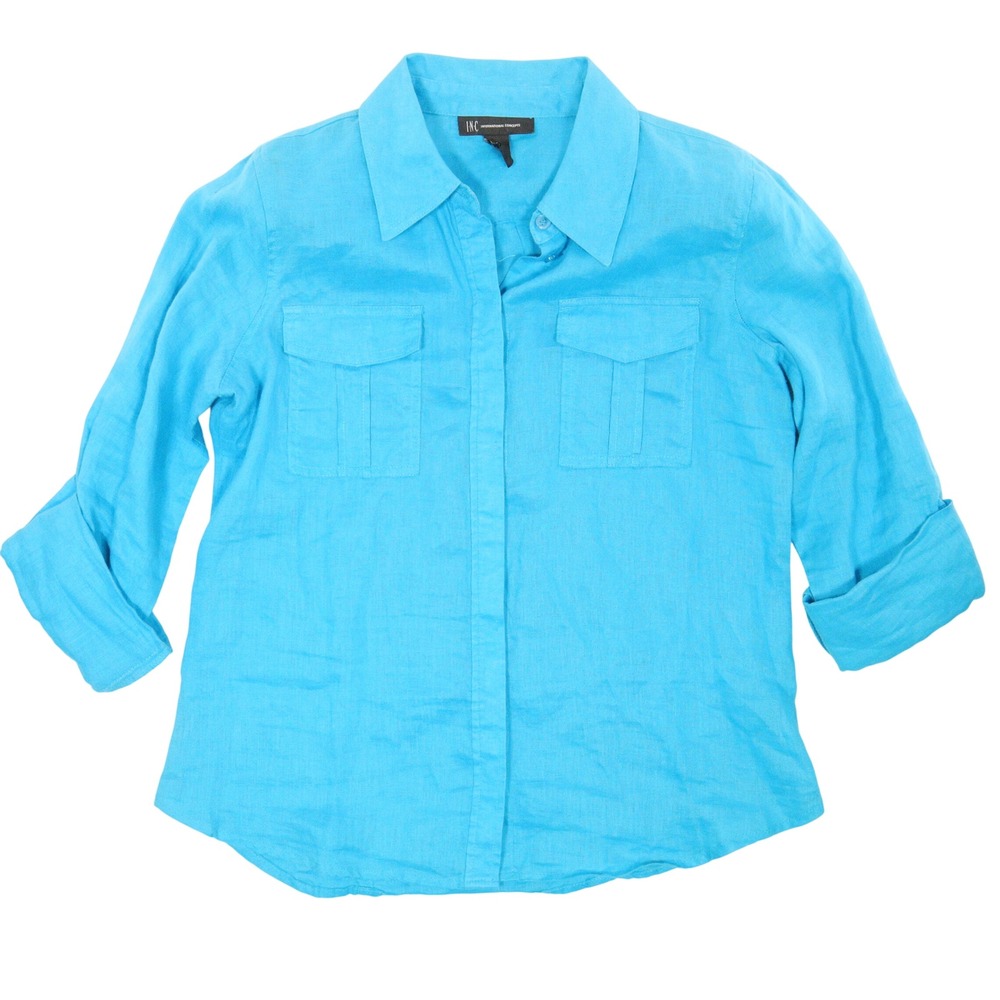 INC 100% Linen Shirt Long Sleeve Roll Tab Utility Pockets Summer Blue Women 8